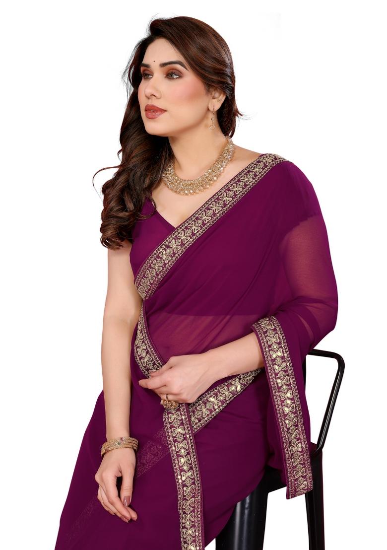 Wine Solid Georgette Saree Set
