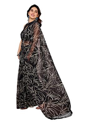 Black Printed Georgette Saree Set
