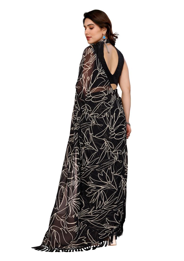 Black Printed Georgette Saree Set