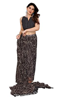 Brown Printed Georgette Saree Set