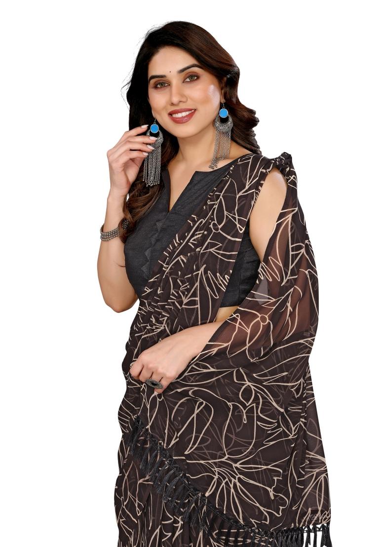 Brown Printed Georgette Saree Set