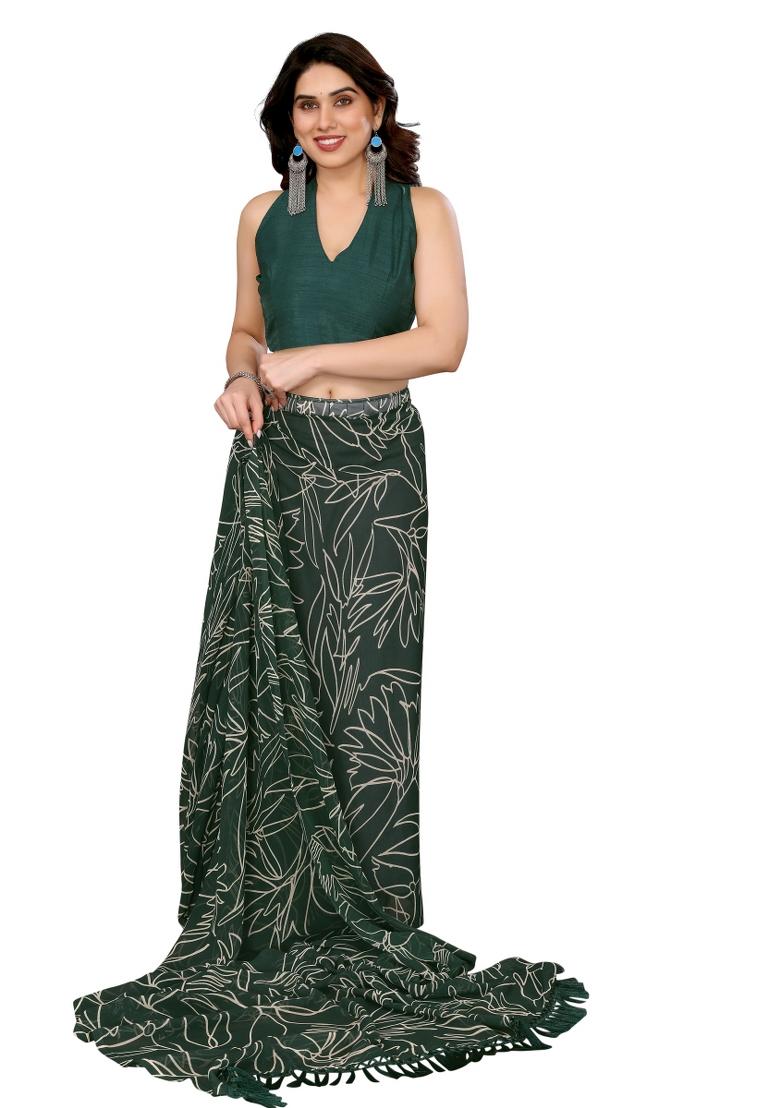 Green Printed Georgette Saree Set
