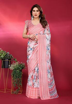 Peach Printed Georgette Saree Set