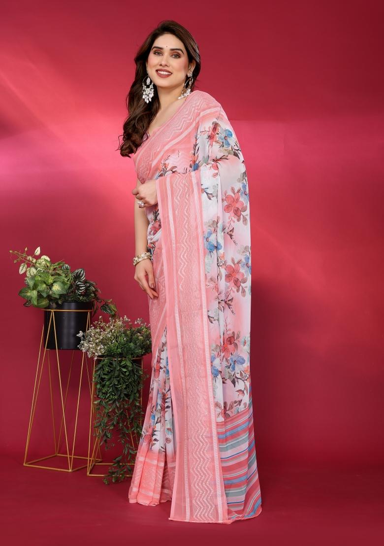 Peach Printed Georgette Saree Set