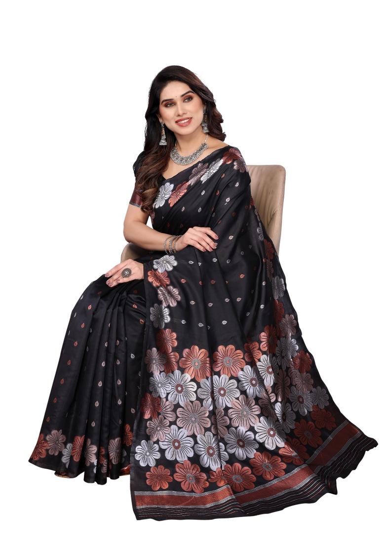 Black Weaving Silk Saree Set