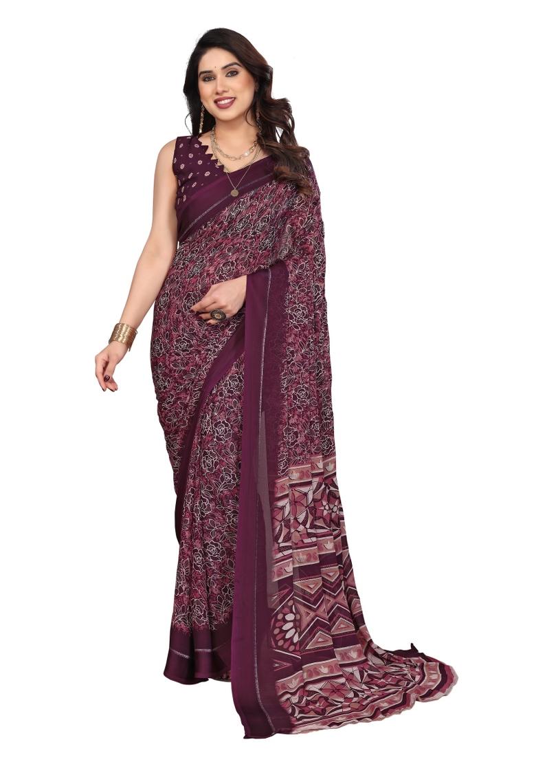 Wine Printed Moss Saree Set