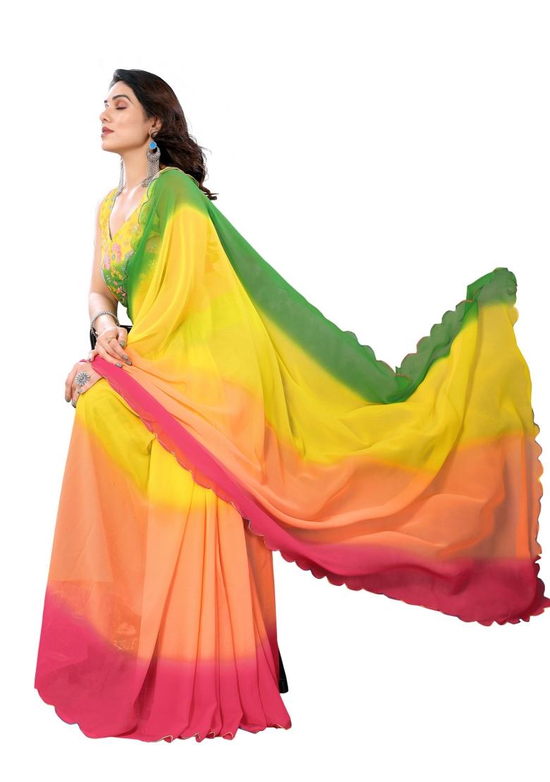 Pink Solid Georgette Saree Set