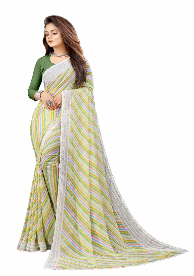 Green Printed Georgette Saree Set