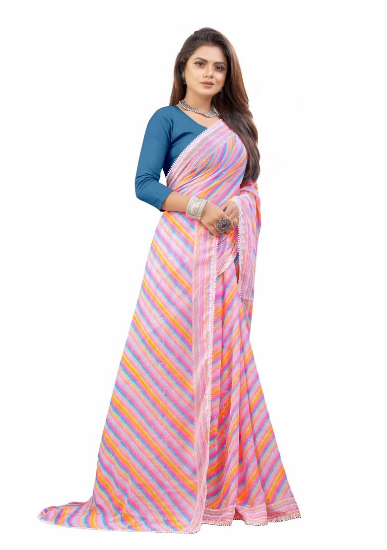 Pink Printed Georgette Saree Set