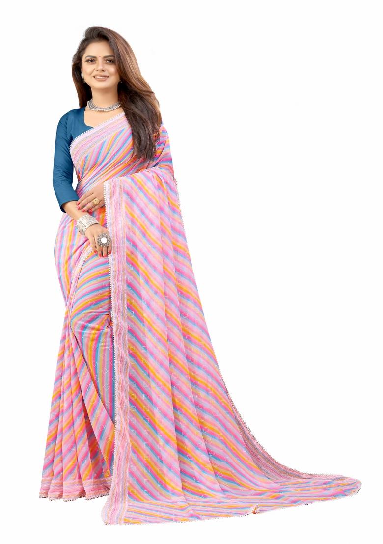 Pink Printed Georgette Saree Set