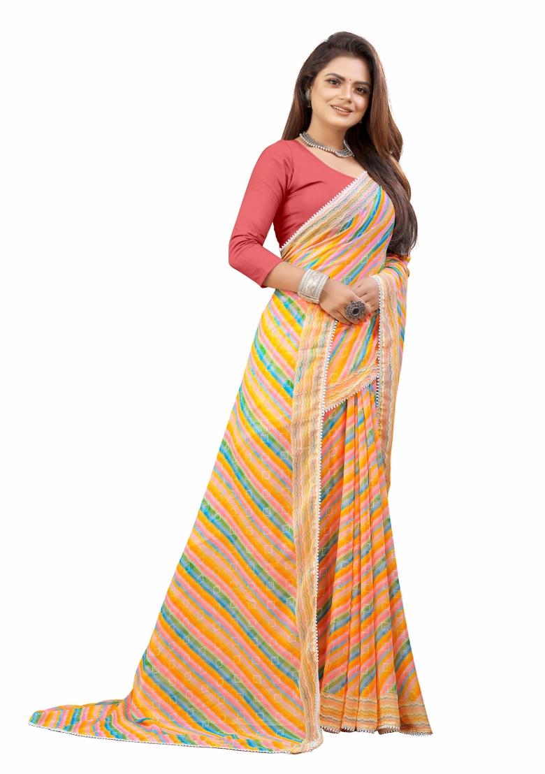 Yellow Printed Georgette Saree Set