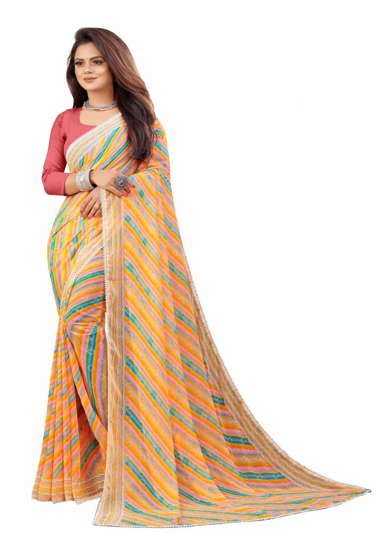 Yellow Printed Georgette Saree Set