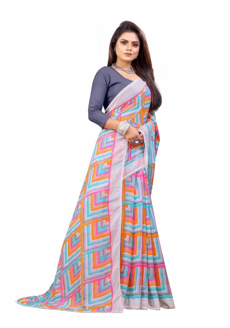 Grey Printed Georgette Saree Set