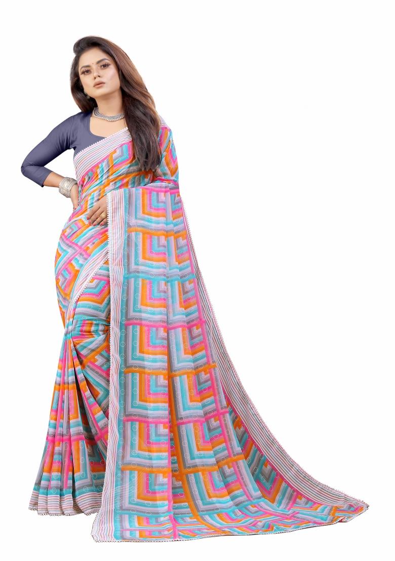 Grey Printed Georgette Saree Set