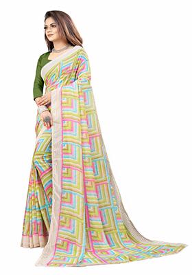 Green Printed Georgette Saree Set