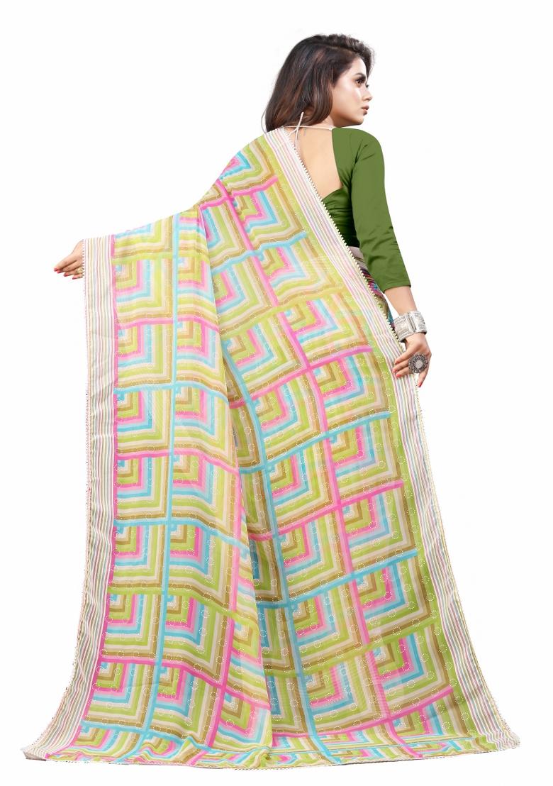 Green Printed Georgette Saree Set