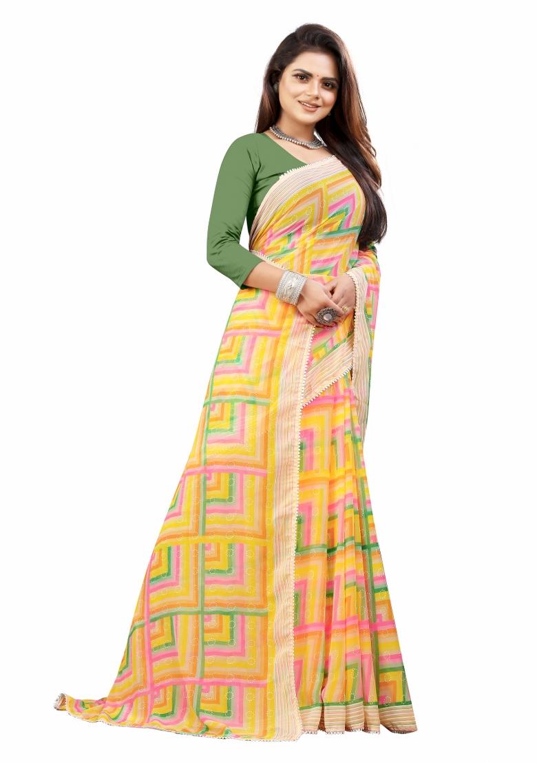 Yellow Printed Georgette Saree Set