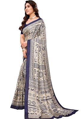 Blue Printed Khadi Saree Set