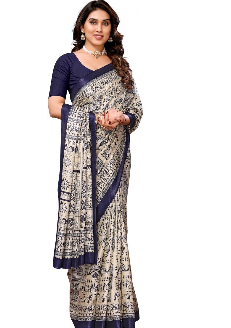 Blue Printed Khadi Saree Set