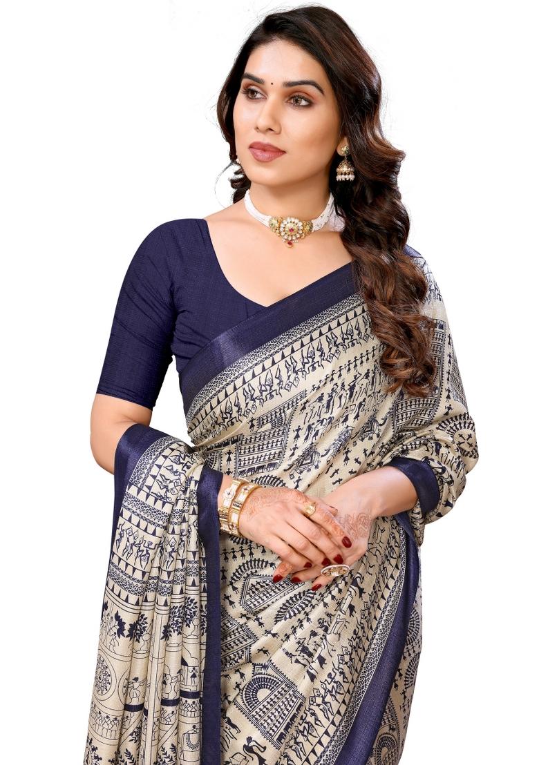 Blue Printed Khadi Saree Set
