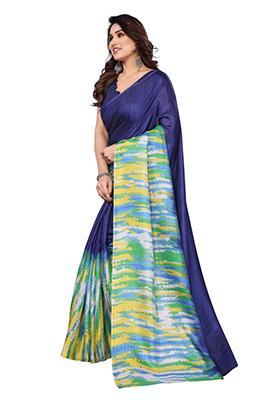 Blue Printed Khadi Saree Set