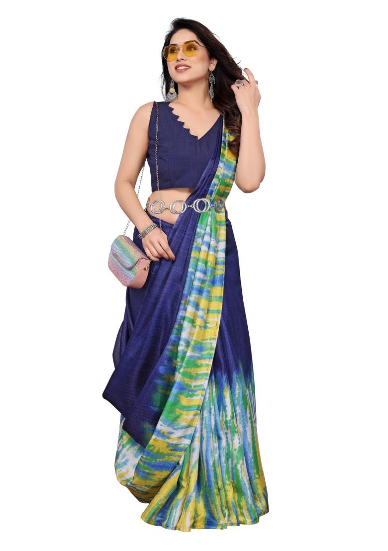 Blue Printed Khadi Saree Set