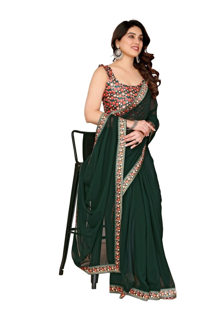 Green Solid Georgette Saree Set