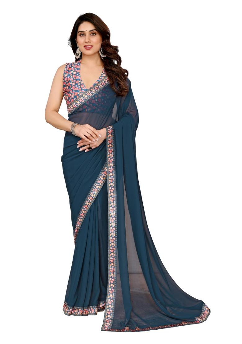 Rama Green Solid Georgette Saree Set