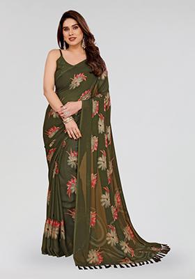 Mehendi Green Printed Moss Saree Set