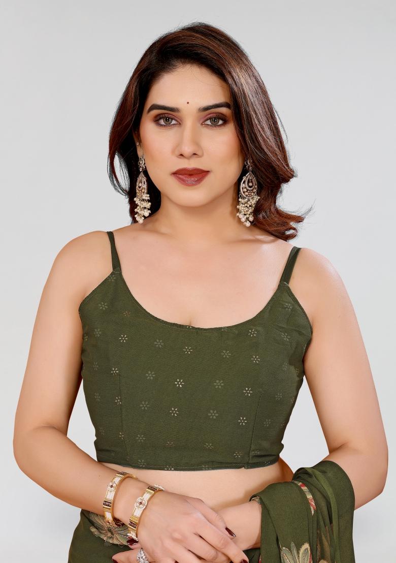 Mehendi Green Printed Moss Saree Set