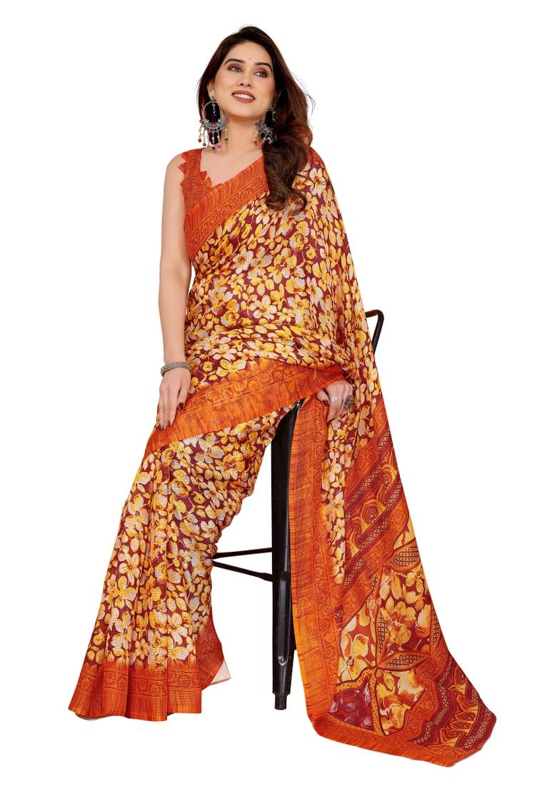 Orange Printed Kota Doriya Saree Set