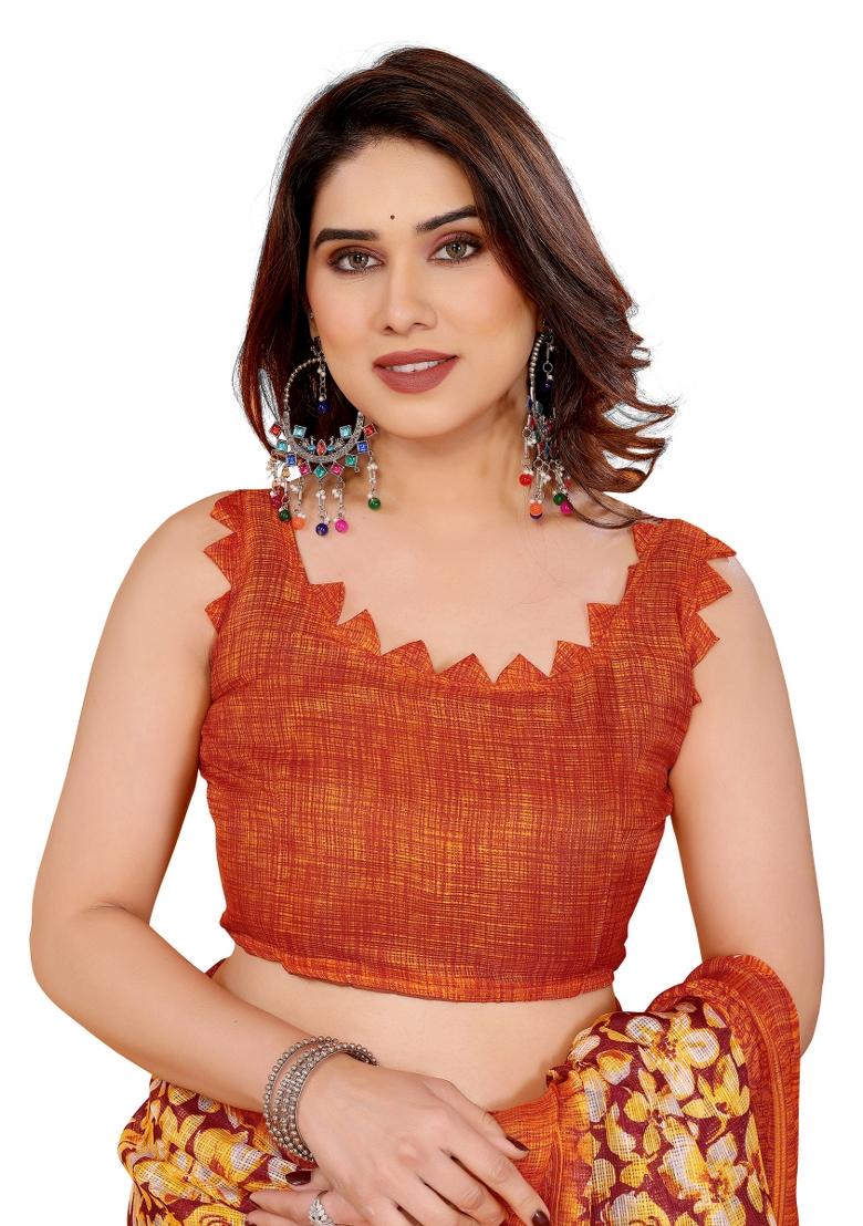 Orange Printed Kota Doriya Saree Set