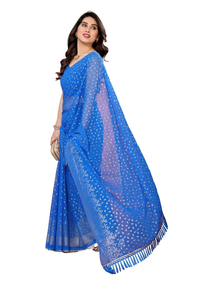 Blue Solid Georgette Saree Set