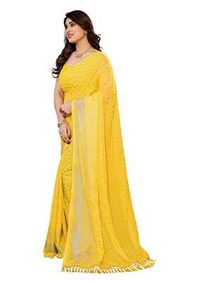 Yellow Solid Georgette Saree Set