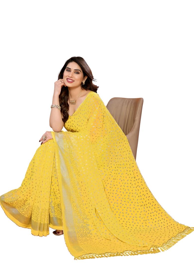 Yellow Solid Georgette Saree Set