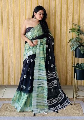 Black Printed Linen Saree Set