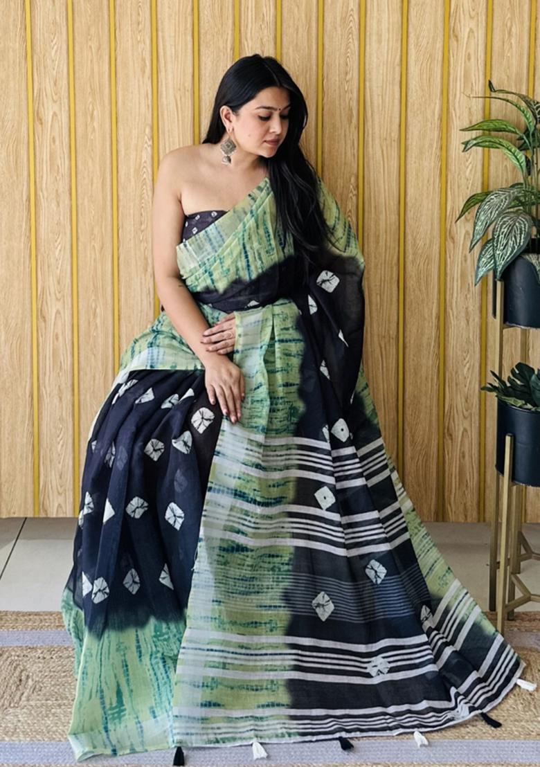 Black Printed Linen Saree Set