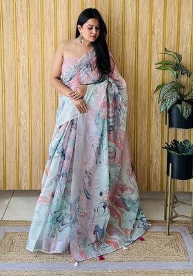 Light Amber Printed Linen Saree Set