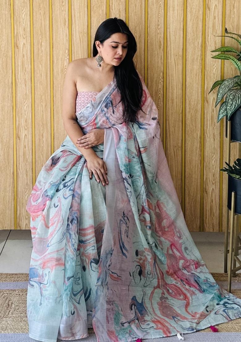 Light Amber Printed Linen Saree Set