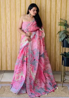 Pink Printed Linen Saree Set