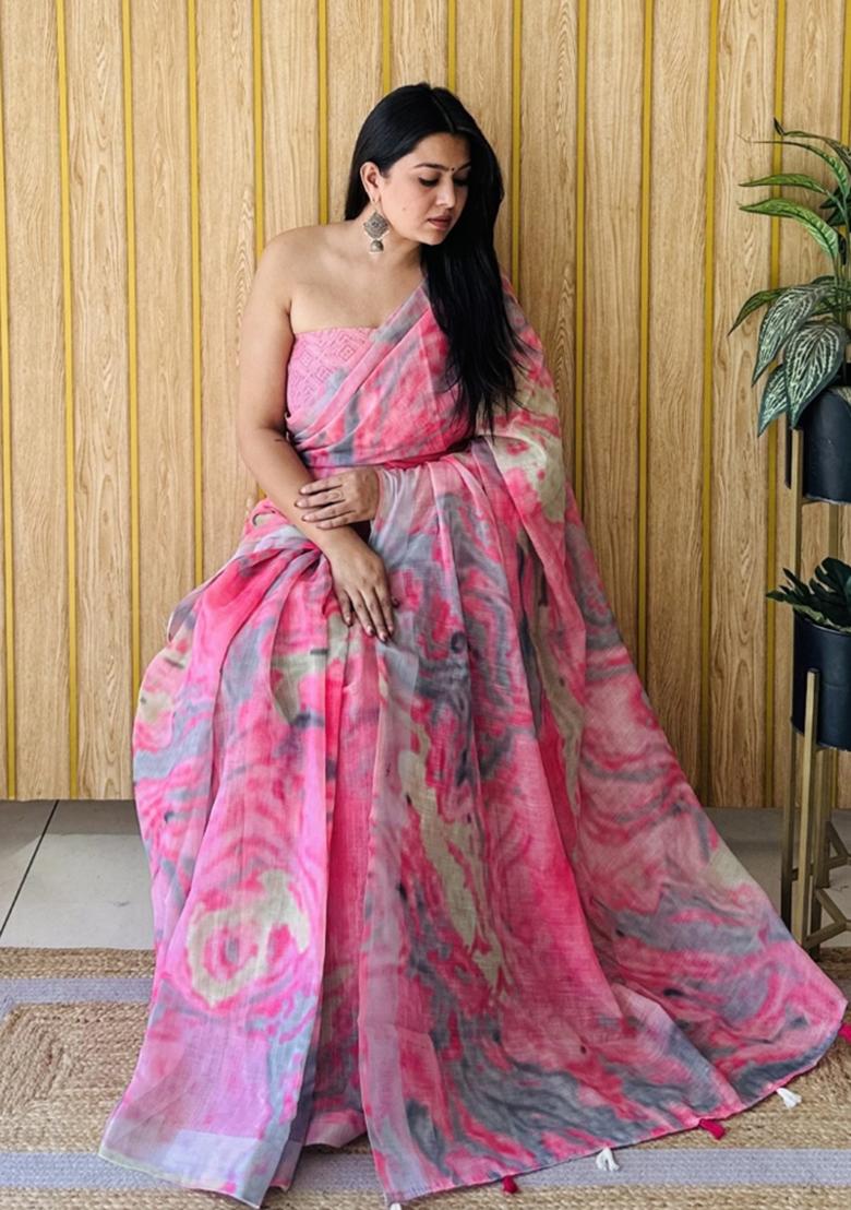 Pink Printed Linen Saree Set