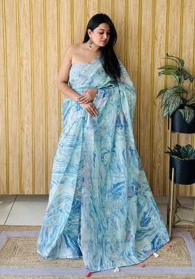 Light Blue Printed Linen Saree Set