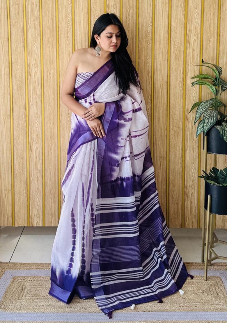 Violet Printed Linen Saree Set