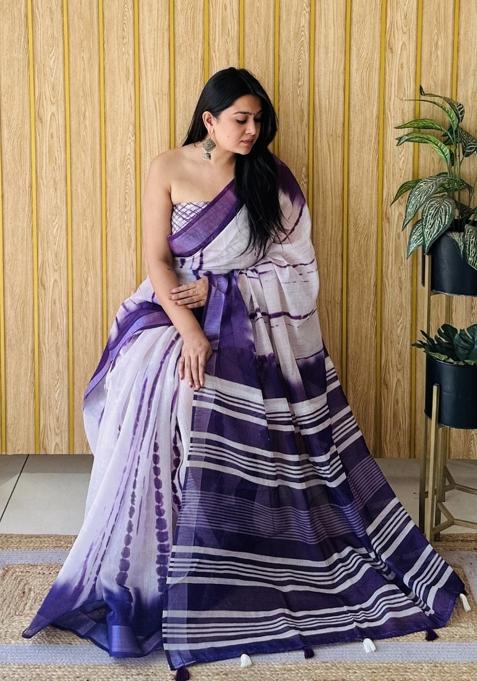 Violet Printed Linen Saree Set