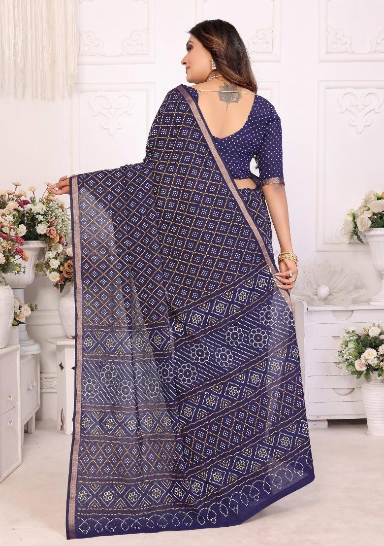 Blue Printed Cotton Saree Set