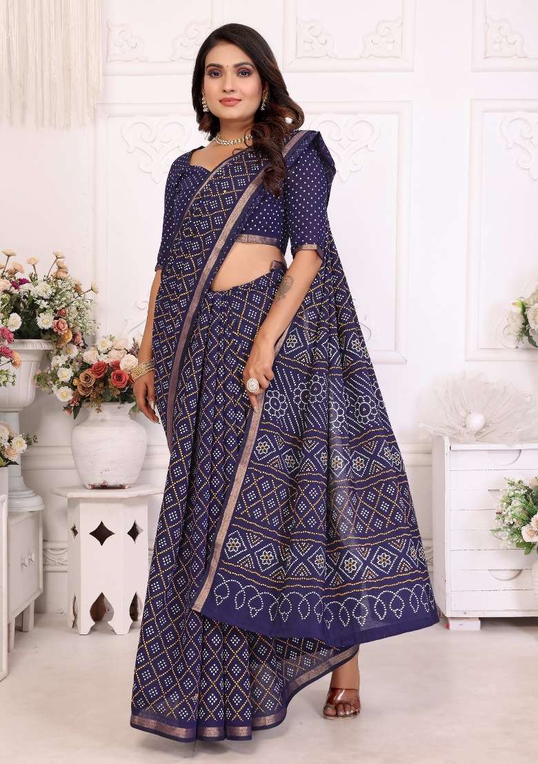 Blue Printed Cotton Saree Set - Indya
