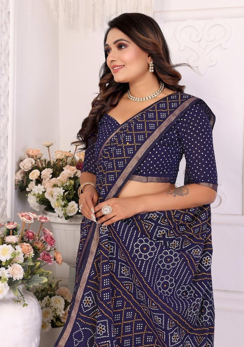 Blue Printed Cotton Saree Set