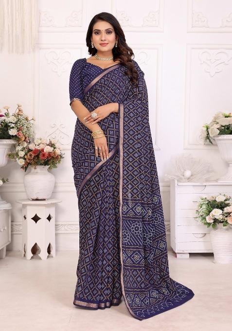 Blue Printed Cotton Saree Set