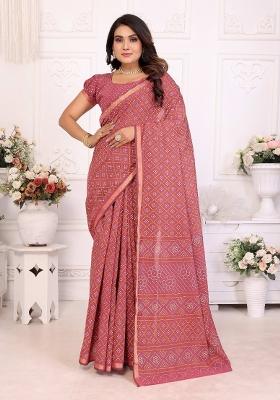 Peach Printed Cotton Saree Set