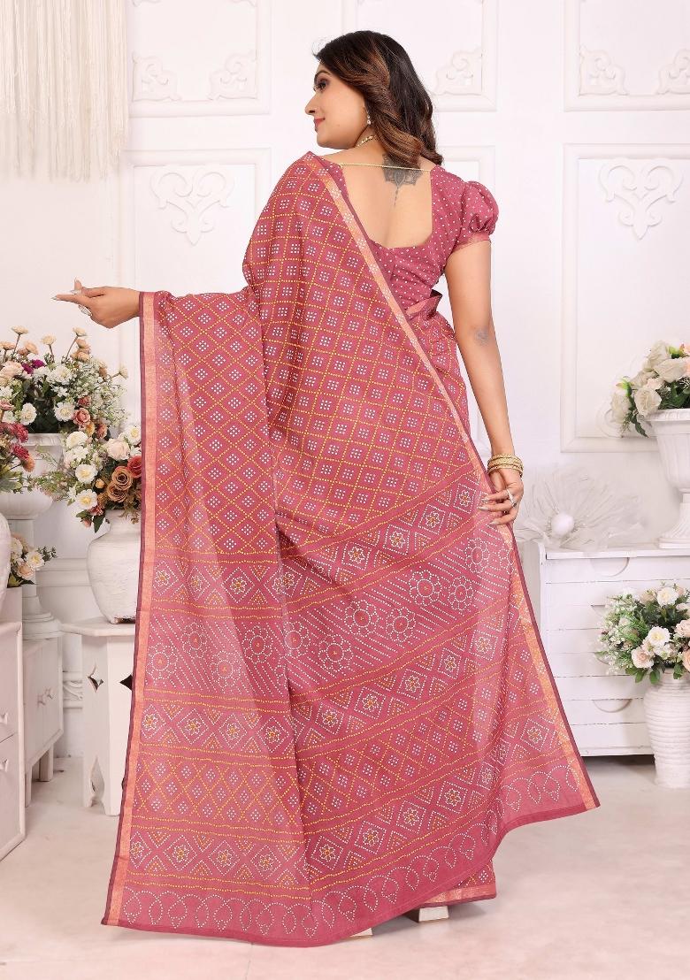Peach Printed Cotton Saree Set